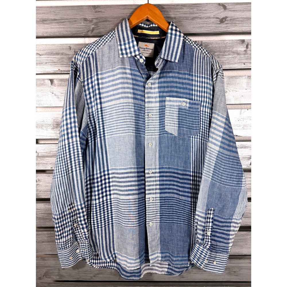 Tommy Bahama Jeans Men M Blue White Patchwork Plaid 100% Linen Button Down Shirt
